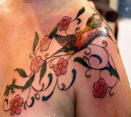 Flower And Hummingbird Pic Tattoo On Shoulder